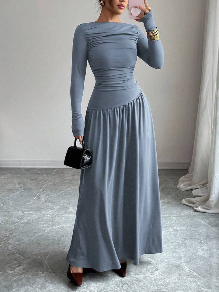 Damen Maxikleid mit gerafftem Oberteil, tailliertem Bund und Langarm Drune