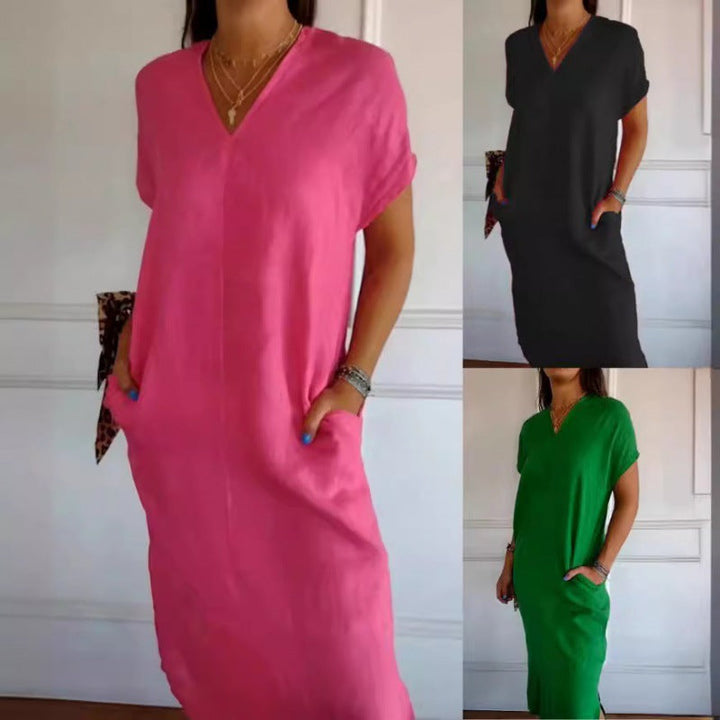 Damen Lässiges V-Ausschnitt Kleid mit praktischen Taschen und oversize Schnitt Drune