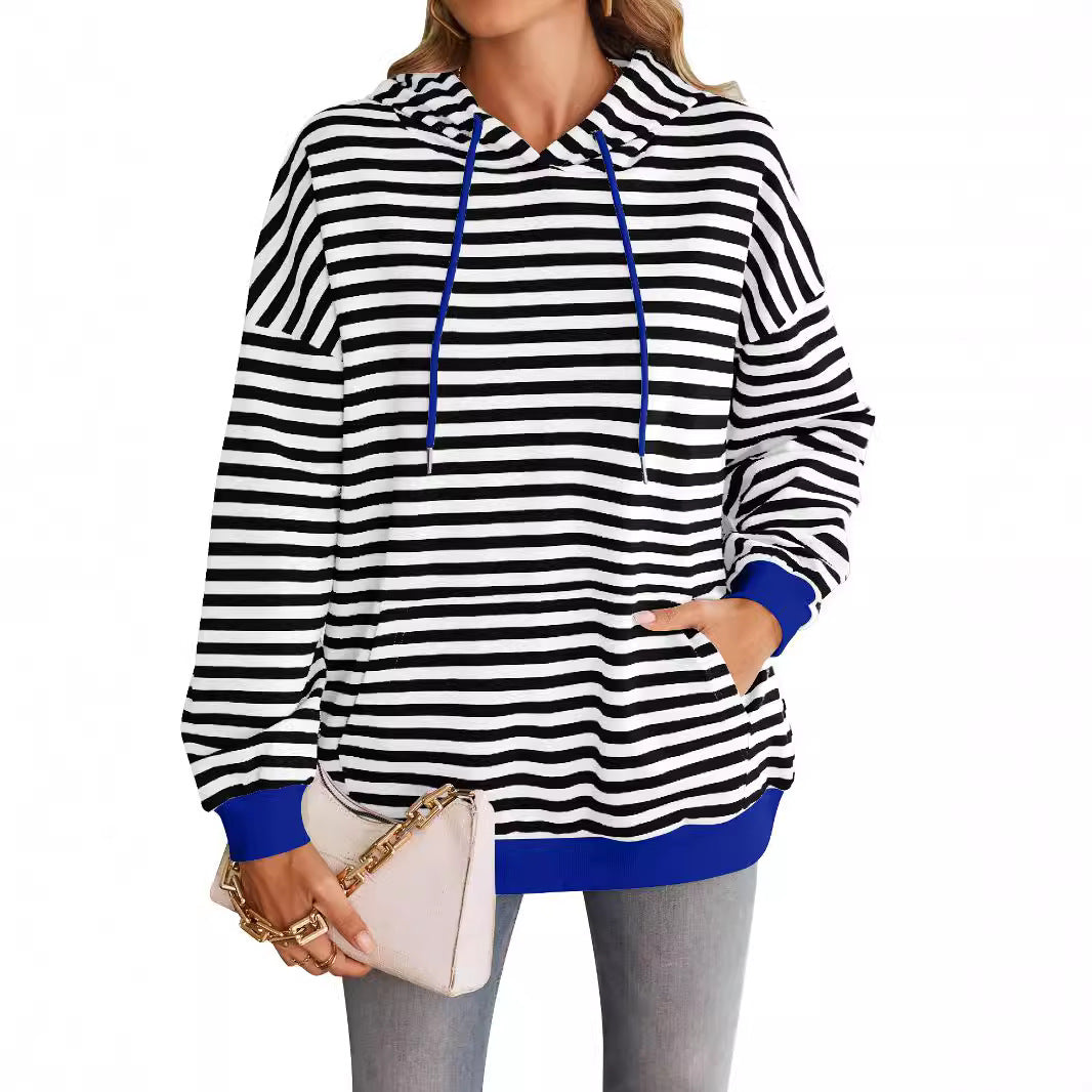 Damen gestreifter Kapuzenpullover mit stylischer Kängurutasche Drune