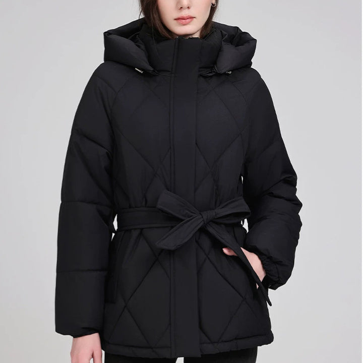 Damen Taillierter Steppparka mit Kapuze und Bindegürtel Drune