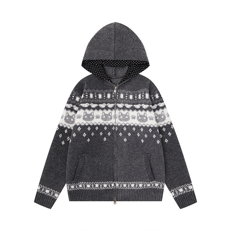 Damen Kapuzen-Strickjacke mit Norwegermuster, zweifachem Reißverschluss und Kängurutaschen Drune