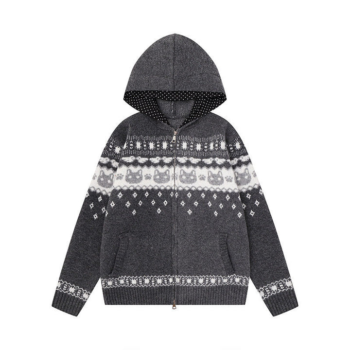 Damen Kapuzen-Strickjacke mit Norwegermuster, zweifachem Reißverschluss und Kängurutaschen Drune