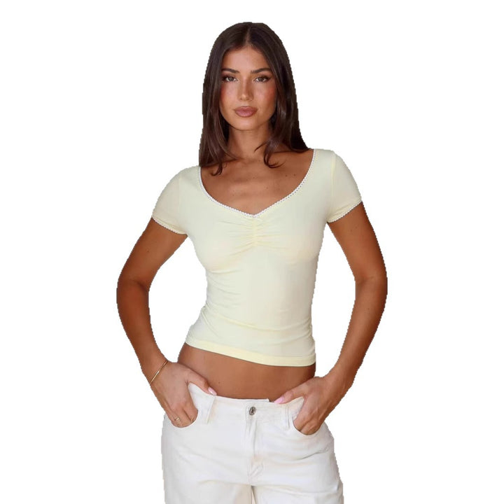 Damen figurbetontes Kurzarm-Top mit Raffung und Zierkante Drune