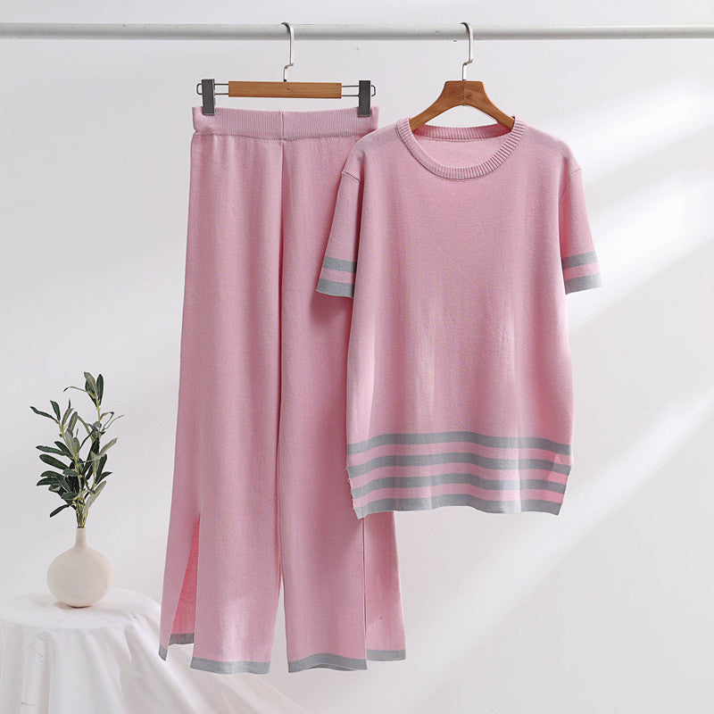 Damen stylisches Strick-Loungewear-Set mit breiten Streifen und seitlichen Schlitzen Drune