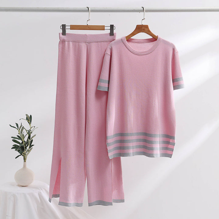 Damen stylisches Strick-Loungewear-Set mit breiten Streifen und seitlichen Schlitzen Drune