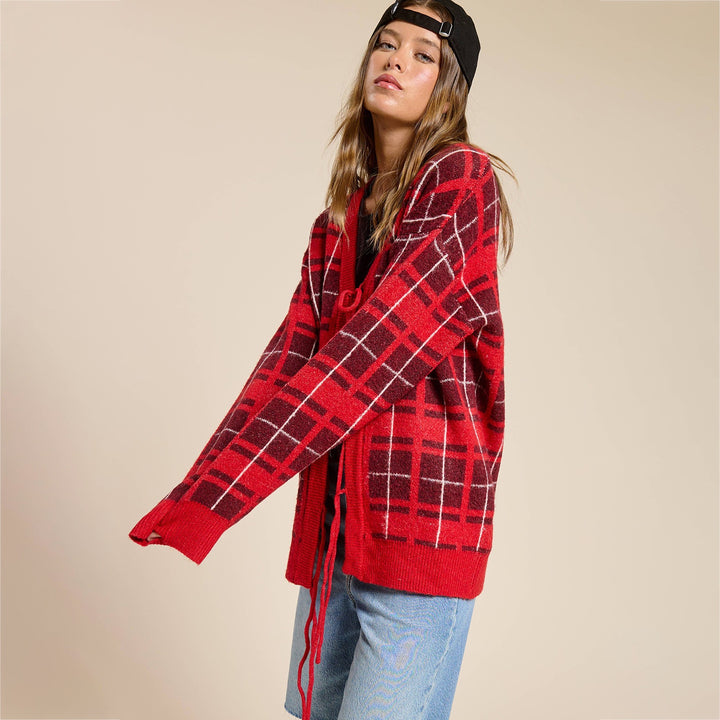 Damen Oversize Karierter Strickcardigan mit Bindegürtel & aufgesetzten Taschen Drune