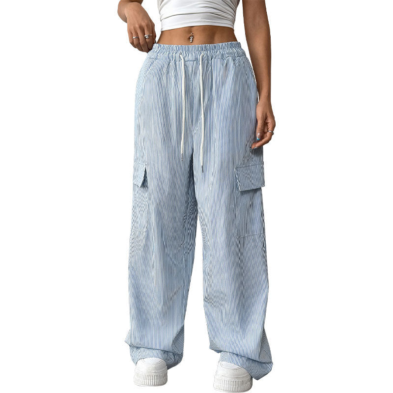 Damen Gestreifte weite Cargo-Hose mit hohem Gummibund und Tunnelzug Drune