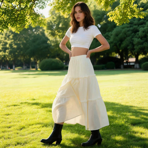 Damen Luftiger Stufenrock mit elastischem Bund und transparenter Chiffon‑Optik Drune