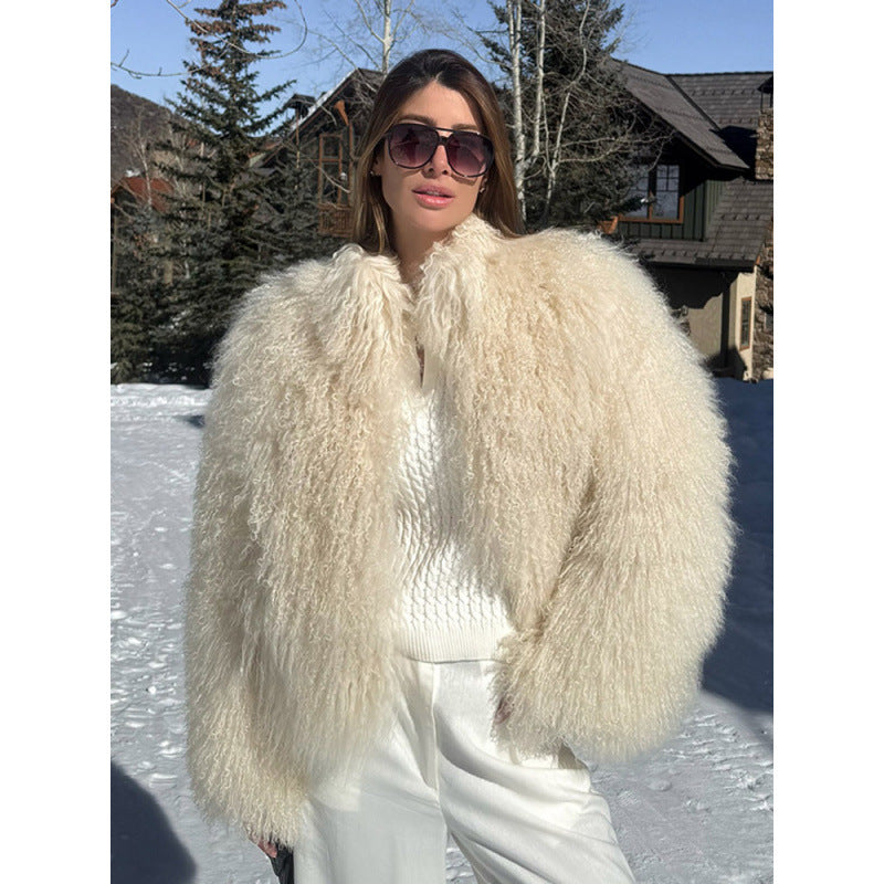 Damen Kuschelige Kurzjacke im Lammfell‑Look mit lockiger Long‑Pile‑Struktur Drune