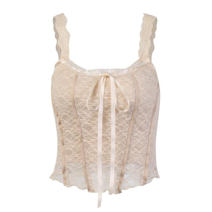 Damen Spitzen-Crop-Top mit dekorativen Bändern und feinen Details Drune