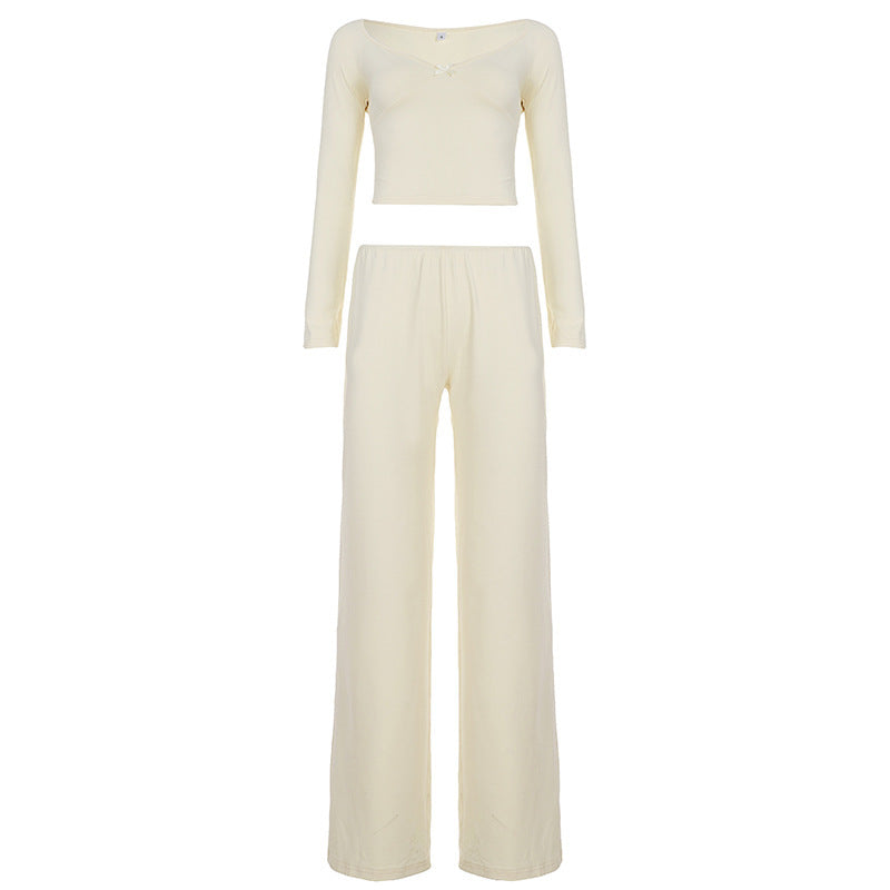 Damen Zweiteiliges Lounge-Set aus weichem Jersey mit Cropped V-Ausschnitt Oberteil und hochtaillierter Palazzohose Drune