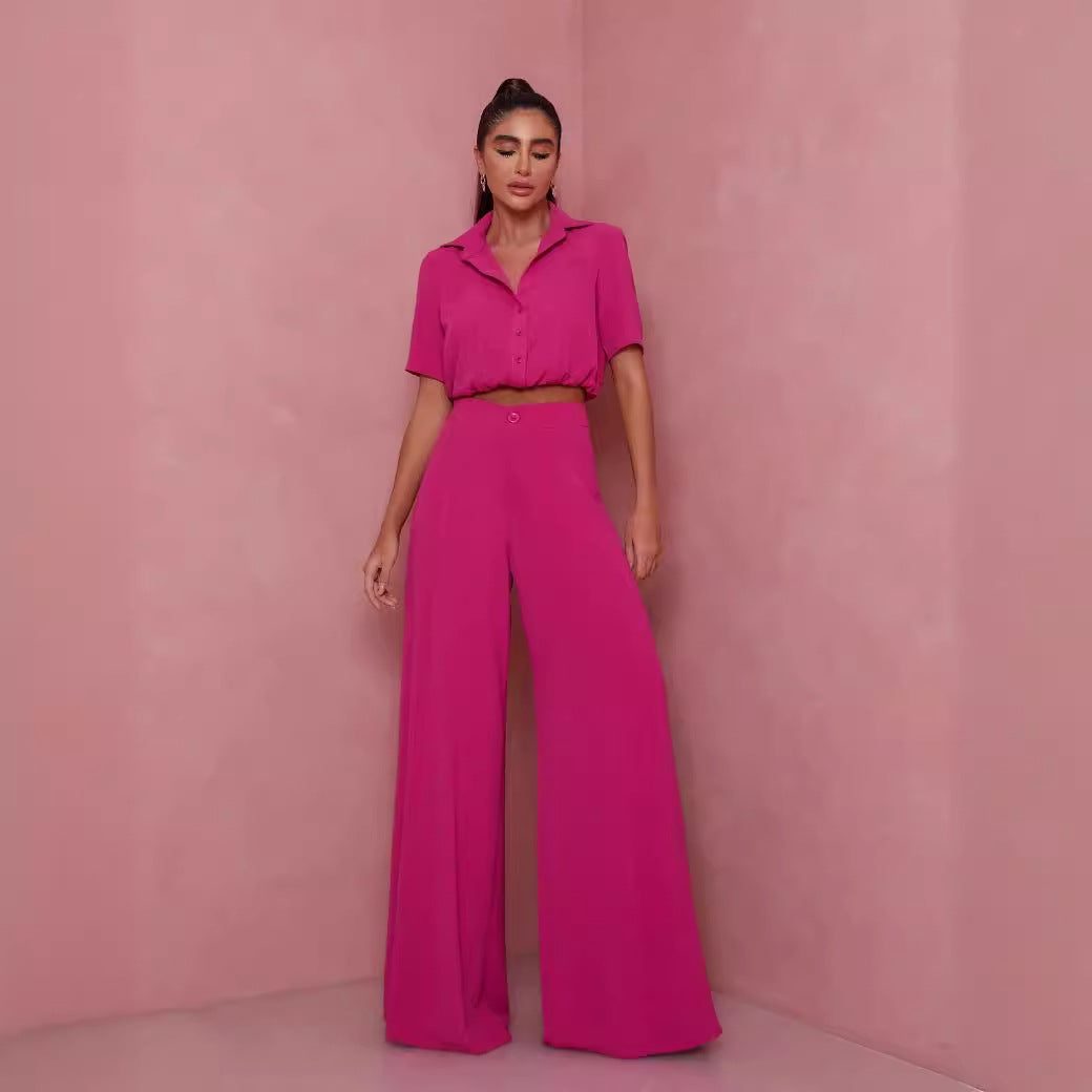 Damen Elegantes Kurzarm-Blusen und Palazzo-Hosen-Ensemble Drune