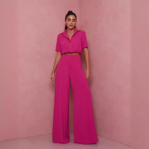 Damen Elegantes Kurzarm-Blusen und Palazzo-Hosen-Ensemble Drune