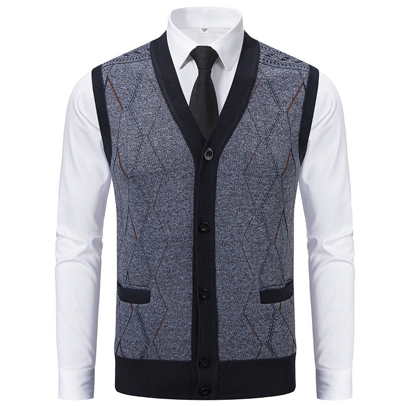 Herren Ärmellose Strickweste mit Rauten‑Muster, V‑Ausschnitt und Knopfleiste Drune