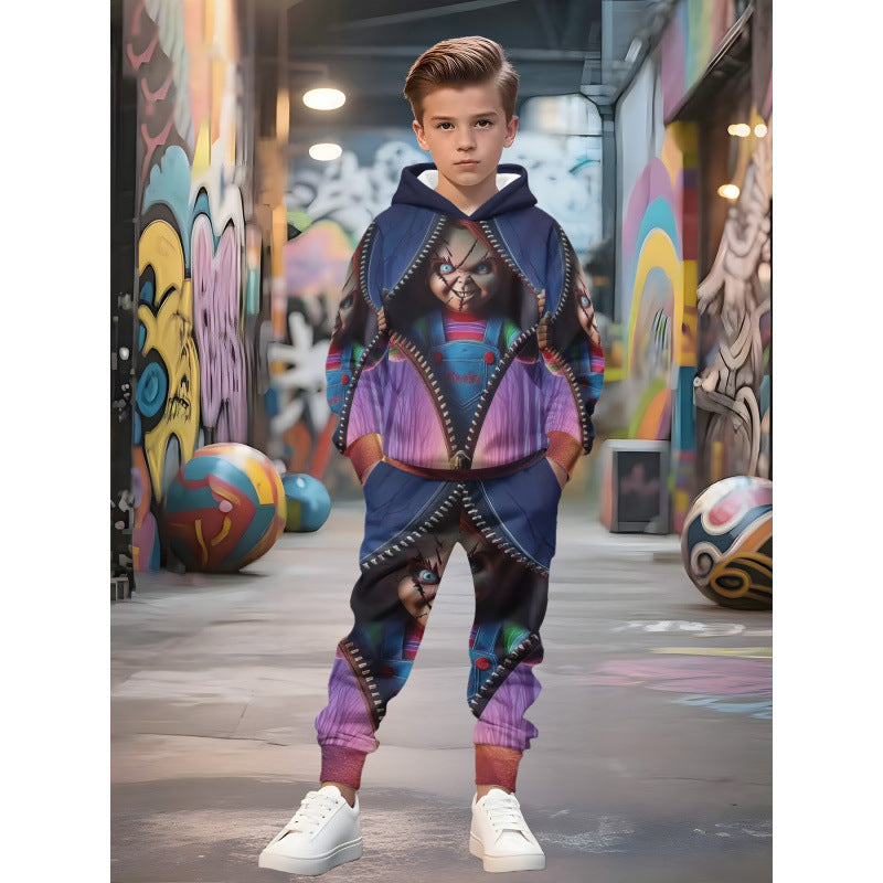 Unisex nan Kinder Jogginganzug mit Kapuzenpullover und detailreichem Auto-Print Drune