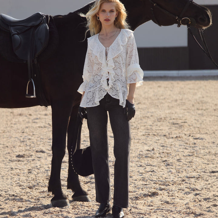 Damen Bluse mit voluminösen Rüschen und feiner Spitze Drune