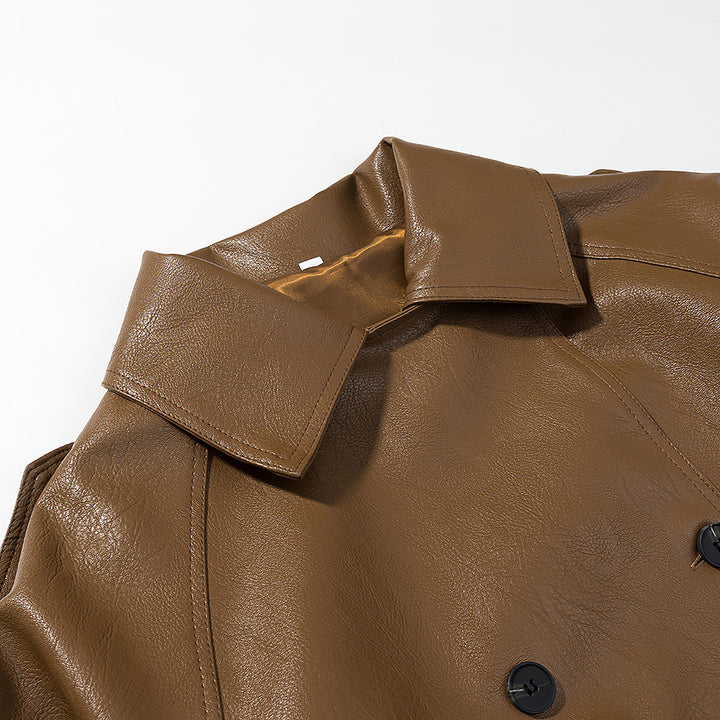 Damen Kurz geschnittener Kunstleder-Trenchcoat mit Bindegürtel und Schulterriegel Drune