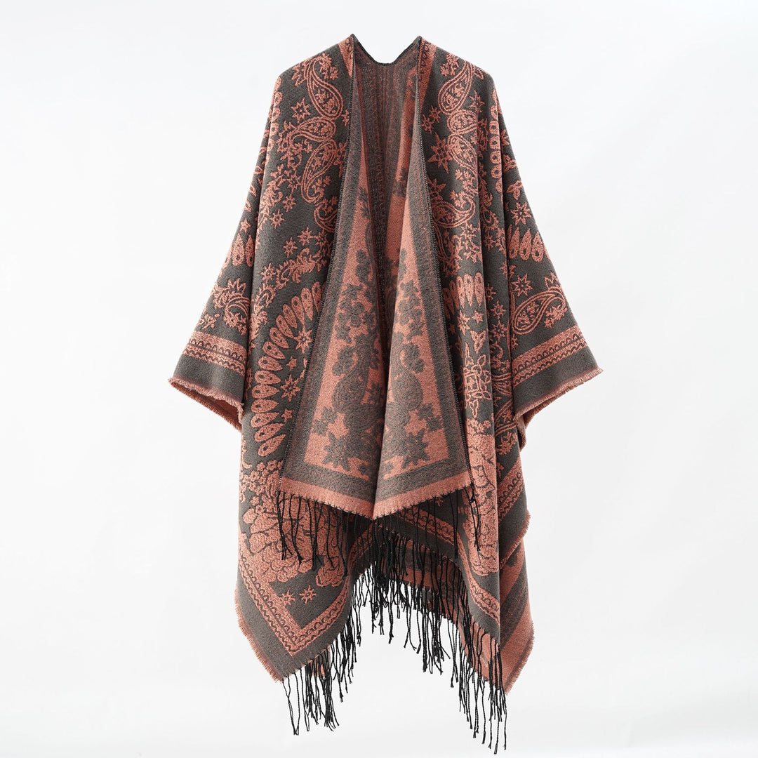 Damen Jacquard-Umhangponcho aus Wollmix mit beidseitigem Paisley-Jacquard und Fransen Drune