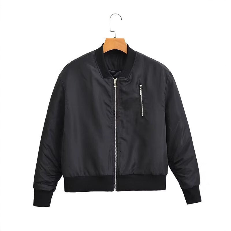Damen Kurz geschnittene Nylon-Bomberjacke mit glänzender Oberfläche, wattiertem Futter und Metallreißverschluss Drune