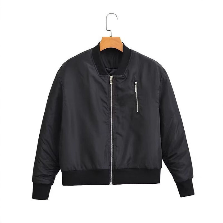 Damen Kurz geschnittene Nylon-Bomberjacke mit glänzender Oberfläche, wattiertem Futter und Metallreißverschluss Drune