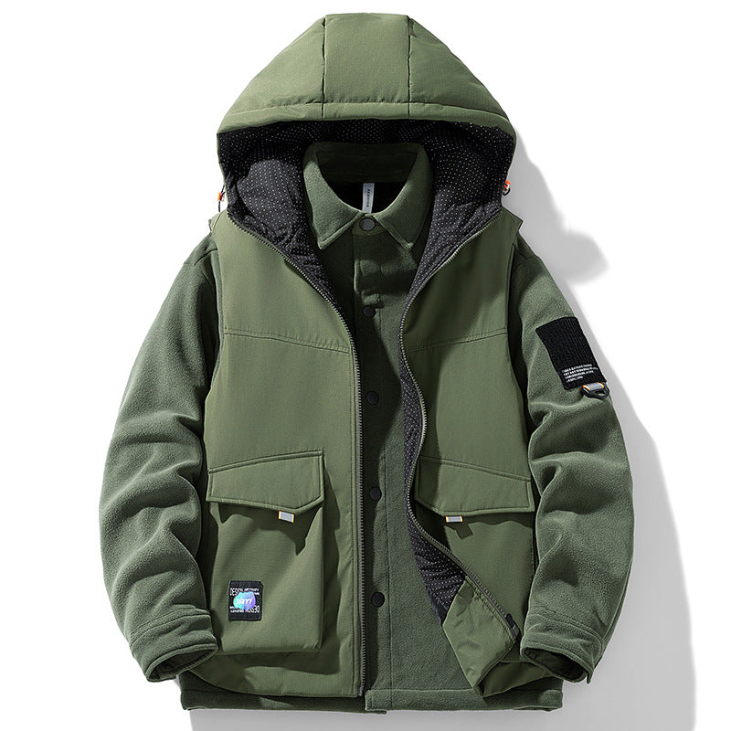 Herren Wärmende Outdoor-Kapuzenjacke mit Fleece-Innenlayer und Multifunktionstaschen Drune