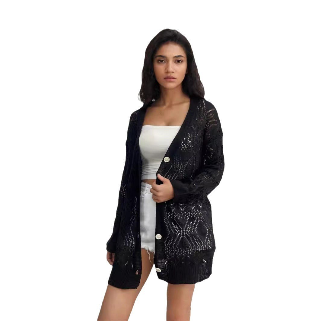 Damen Strickcardigan mit luftigen Mustern und Knopfdetails Drune