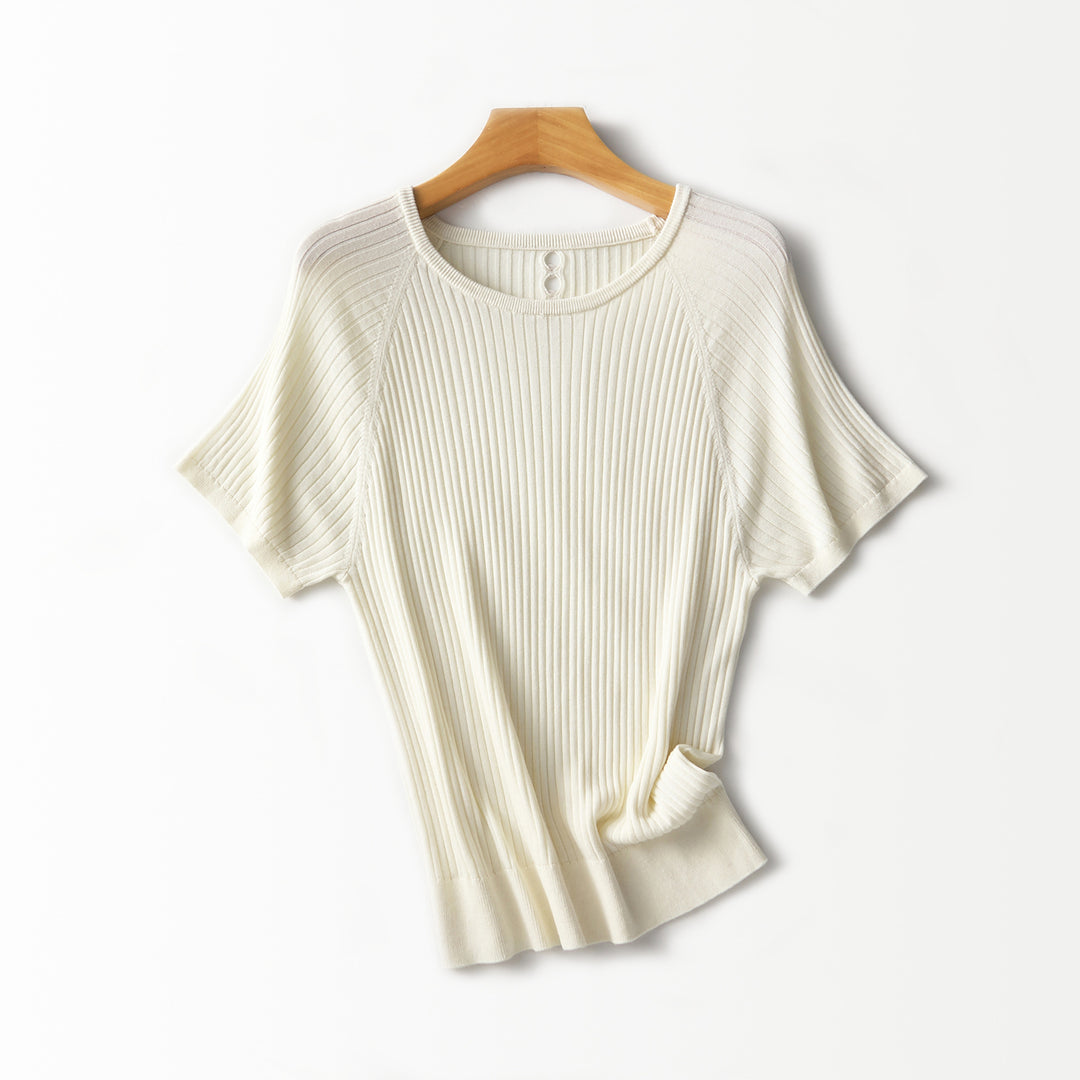 Damen Geripptes Kurzarm-Strickshirt mit Rundhalsausschnitt und Schlüsselloch-Detail Drune