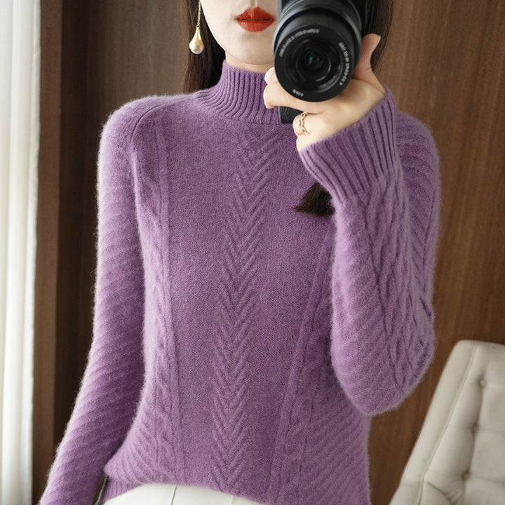 Damen Leichter Mohair‑Look Stehkragenpullover mit Zopf‑Ajour und taillierter Silhouette Drune