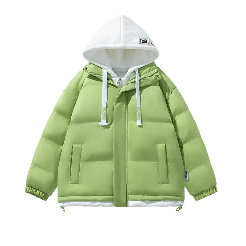Unisex kurz geschnittene gesteppte Pufferjacke mit zweilagiger Kontrastkapuze Drune