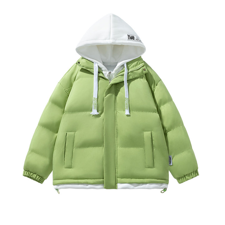 Unisex kurz geschnittene gesteppte Pufferjacke mit zweilagiger Kontrastkapuze Drune