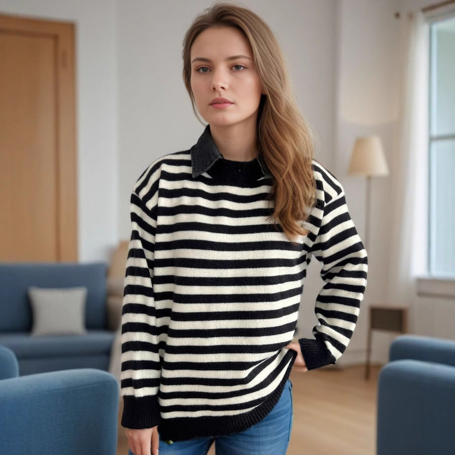 Damen Oversized Pullover mit modischem Streifenmuster und lässiger Passform Drune