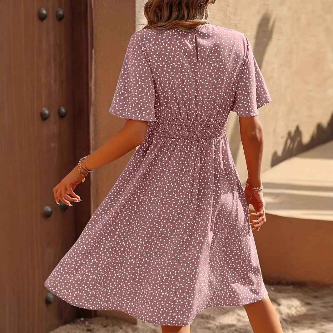 Damen Sommerliches Midi-Kleid mit Herzmuster und elastischem Taillenbund Drune