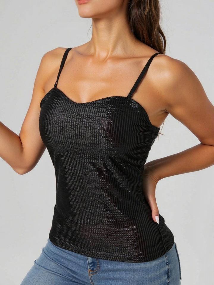 Damen elegantes Spaghettiträgershirt mit luxuriösem Paillettenbesatz und feinem Rippstrick Drune