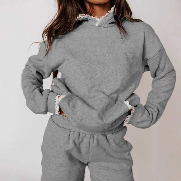 Damen Lässiges Hoodie-Set mit dekorativem Spitzensaum Drune