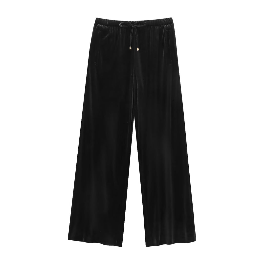 Damen Weite Samt-Palazzohose mit elastischem Tunnelzugbund und Eingrifftaschen Drune