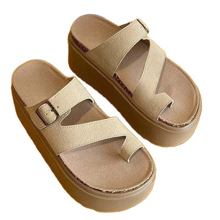 Damen Plateau-Sandalen mit Zehensteg, Kork‑Fußbett und verstellbarer Schnalle Drune