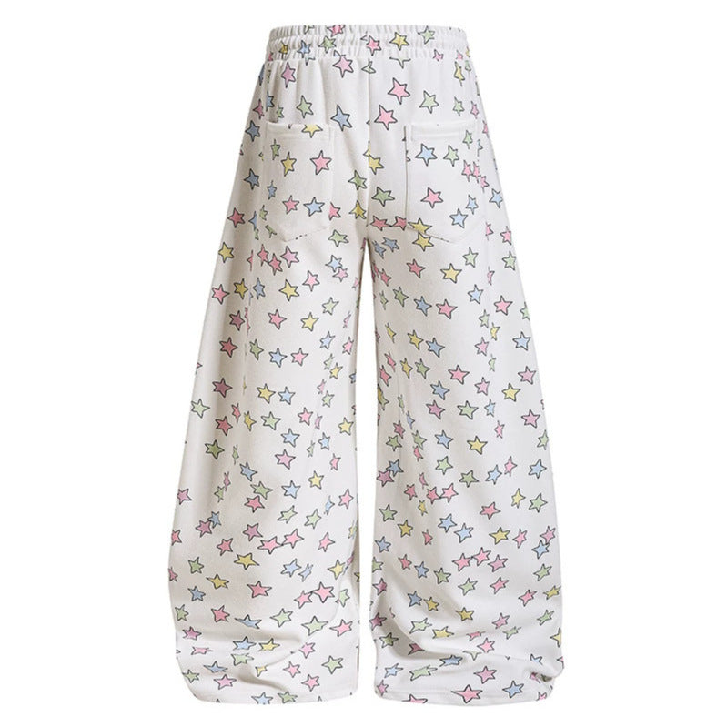 Damen Weite Lounge-Palazzohose mit hohem Elastikbund, Kordelzug und Sternchen-Allover Drune