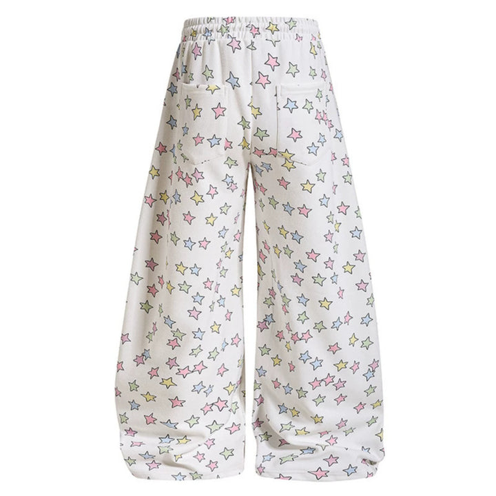 Damen Weite Lounge-Palazzohose mit hohem Elastikbund, Kordelzug und Sternchen-Allover Drune