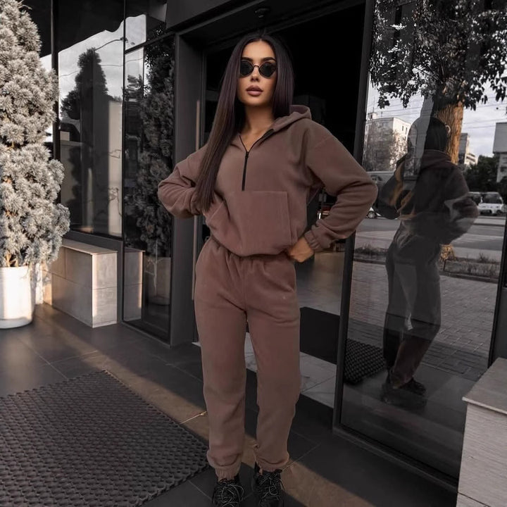Damen sportliches Fleece-Set mit halbhohem Reißverschluss Kapuzenhoodie und lässiger Jogginghose Drune