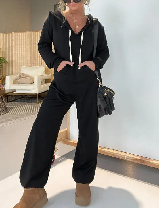 Damen Freizeit Kapuzenoverall mit weitem Bein und Känguru-Tasche Drune