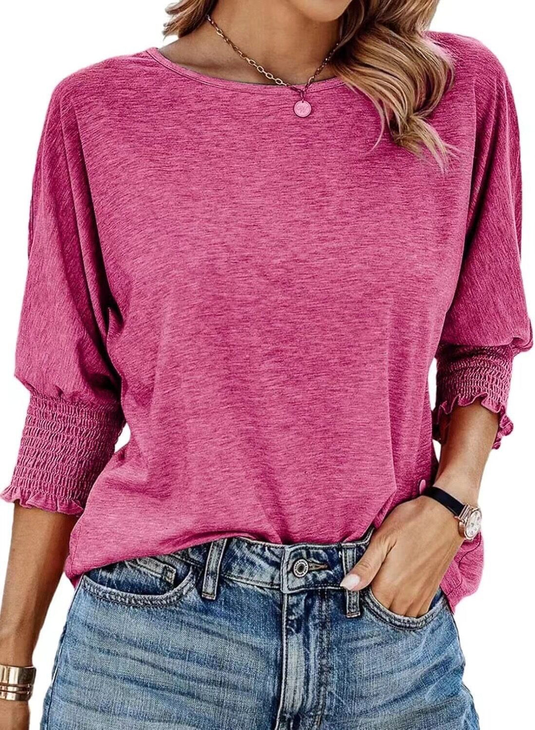 Damen lässiges T-Shirt mit voluminösen Puffärmeln und elastischem Bund Drune