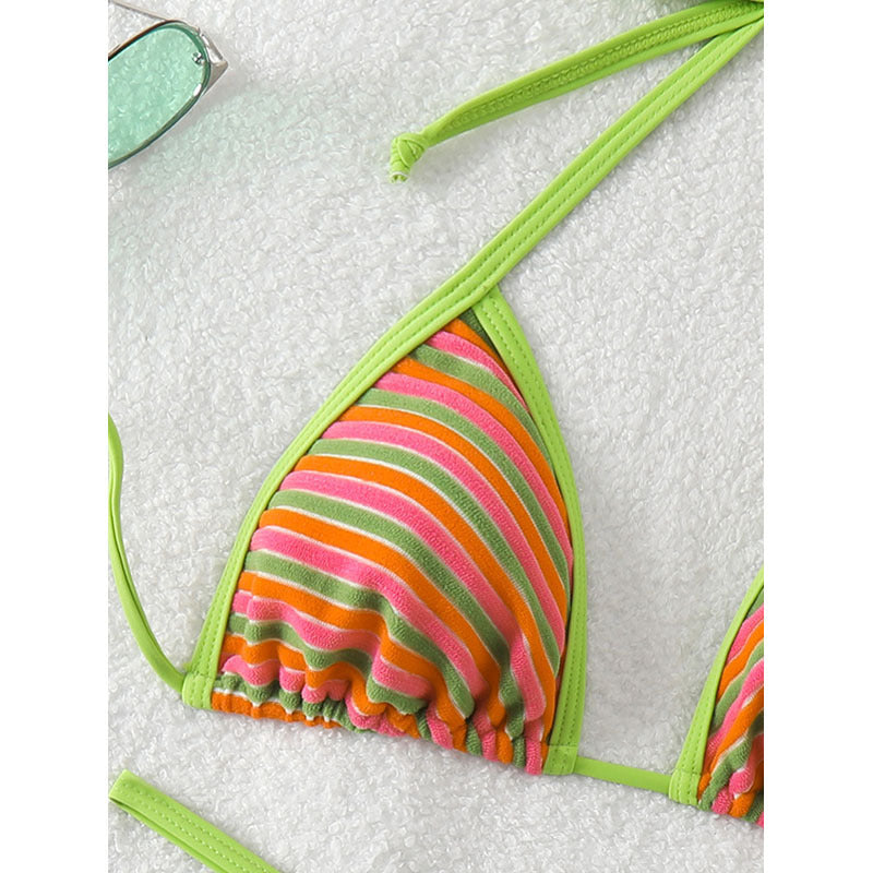 Damen Triangel-Bikini mit fröhlichem Streifenmuster und verstellbaren Trägern Drune
