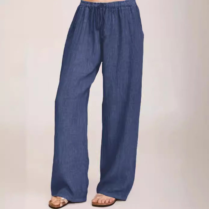 Damen Weite Leinenhose mit elastischem Bund und Seitentaschen Drune