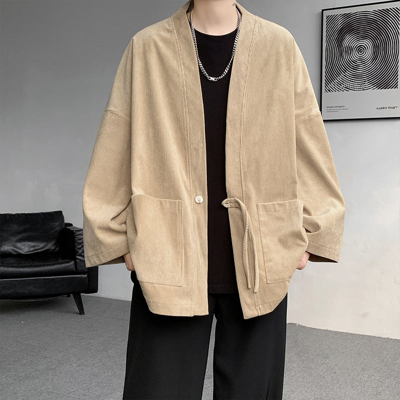 Herren nan oversized Cord-Kimono-Cardigan mit Kordelzug, aufgesetzten Taschen und Tropfenärmeln Drune