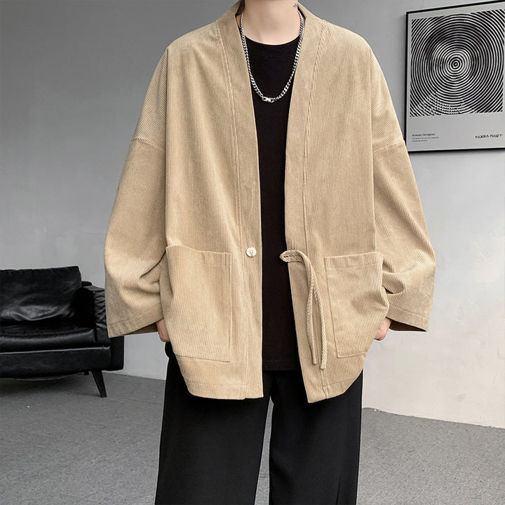 Herren nan oversized Cord-Kimono-Cardigan mit Kordelzug, aufgesetzten Taschen und Tropfenärmeln Drune