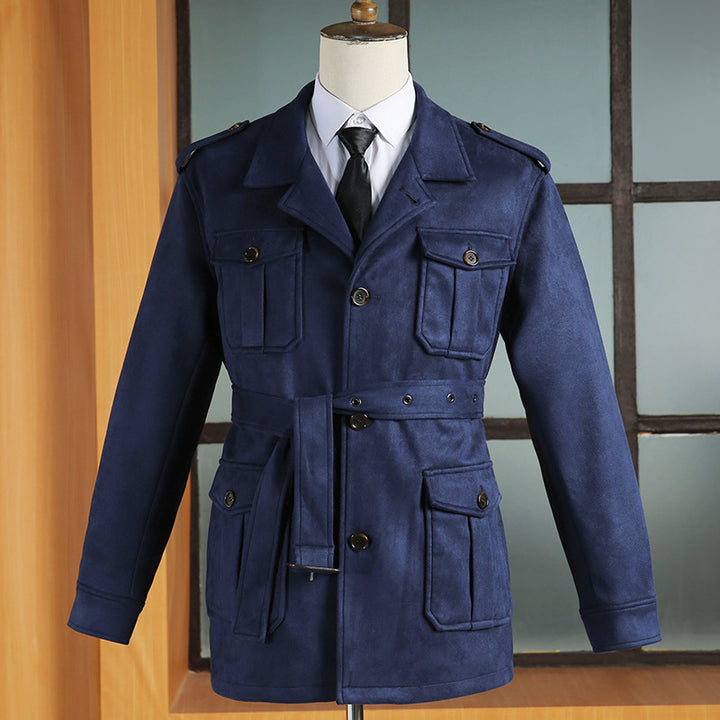 Herren Veloursleder-Safari-Jacke mit Taillengürtel und Pattentaschen Drune
