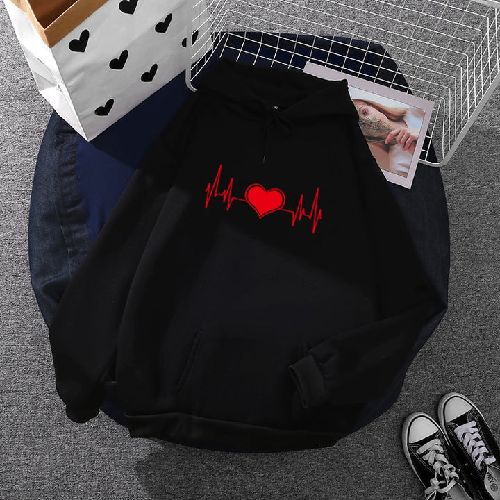 Unisex nan oversized Kapuzenpullover mit Herz-EKG-Print und Kängurutasche Drune