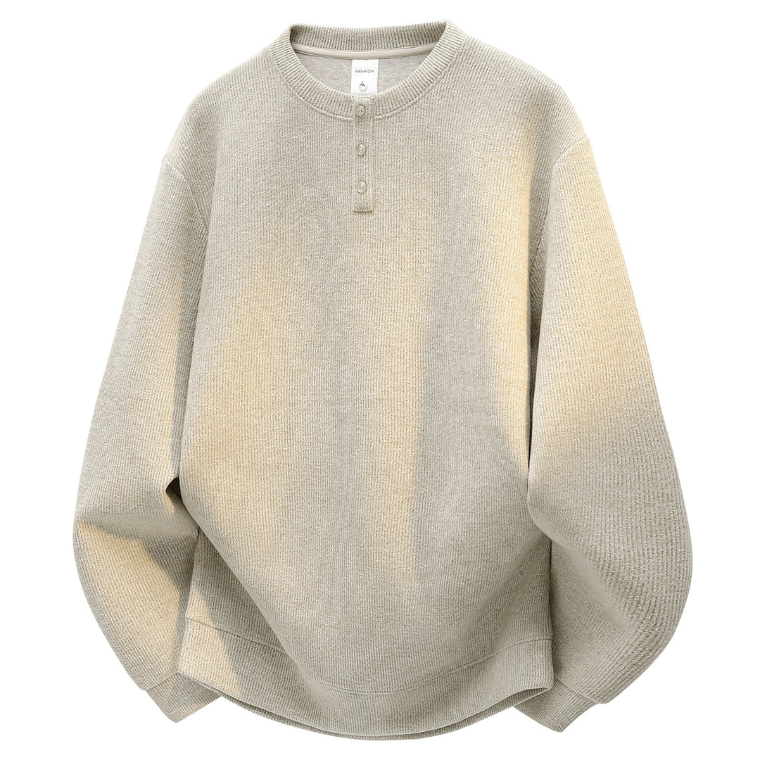 Herren Oversize Strukturierter Henley-Strickpullover mit dreifacher Knopfleiste Drune
