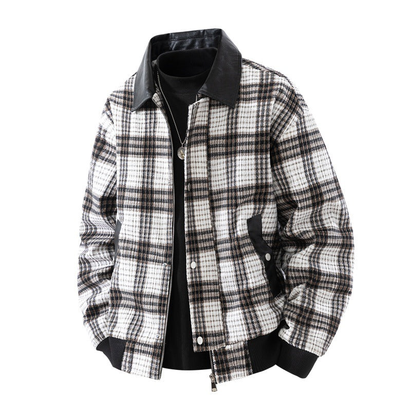 Herren karierte Overshirt-Jacke mit Kunstlederkragen, gefüttertem Innenfutter und elastischen Bündchen Drune