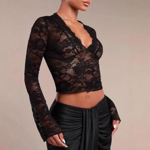 Damen Langarm Spitzenbluse mit V-Ausschnitt und ausladenden Ärmeln Drune